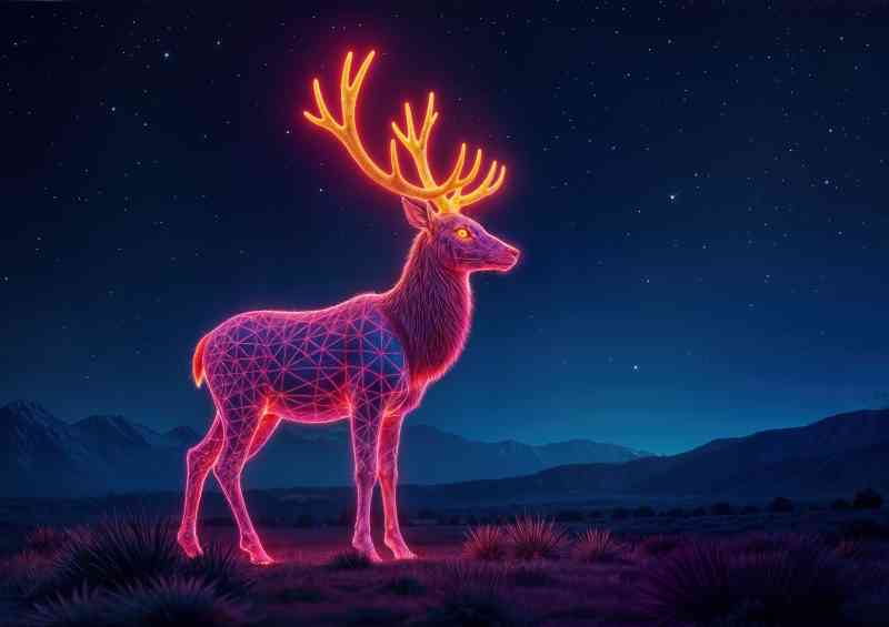 Neon style stag in the field at night