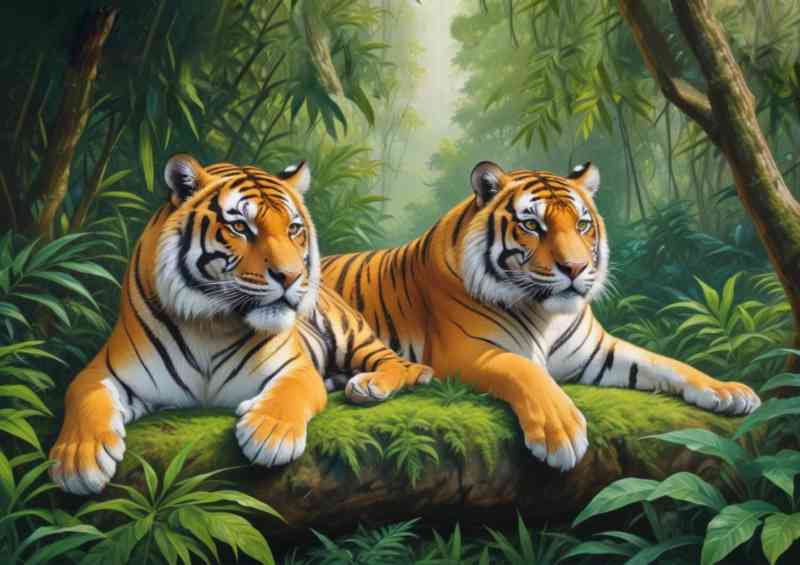 Two adult tigers resting in a green jungle environment