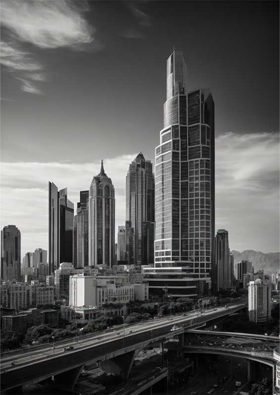 Black and white towering city