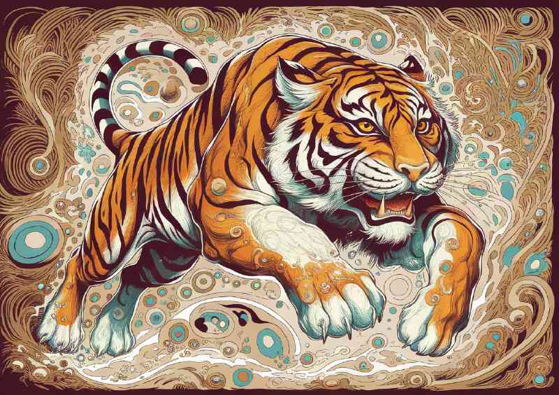 Vibrantly illustrated tiger intricately designed