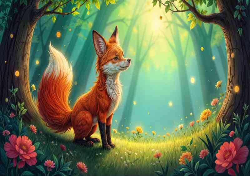 Whimsical cartoon fox in the woods