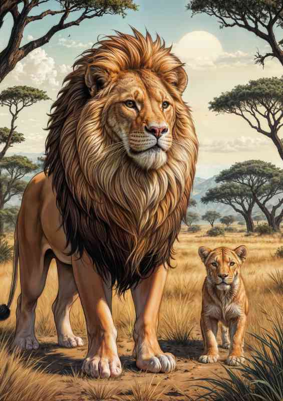 Comic style king lion and cub