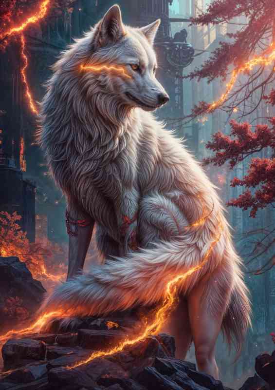 Cyberpunk majestic white wolf with flowing fur