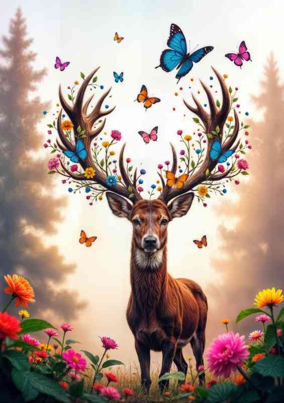Deer in the woods with tall trees and butterflies
