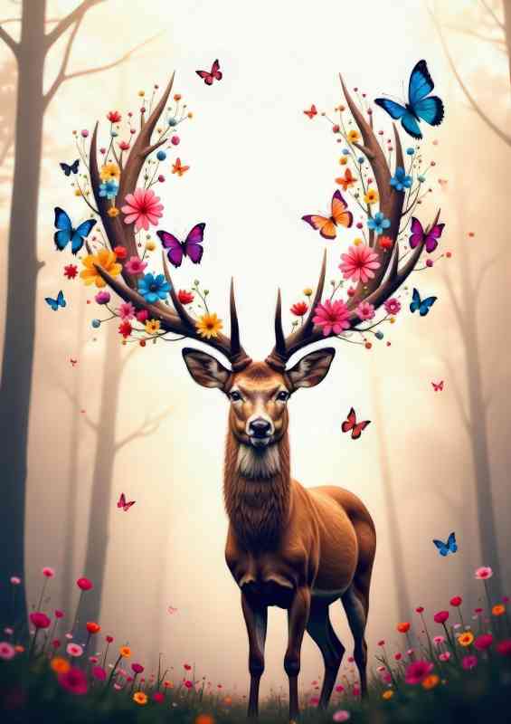 Deer stag with flowers and butterflies in the woods