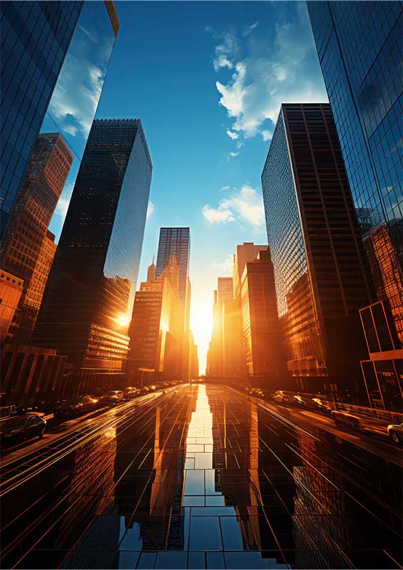 Towering Skyscrapers in a city low sun rising