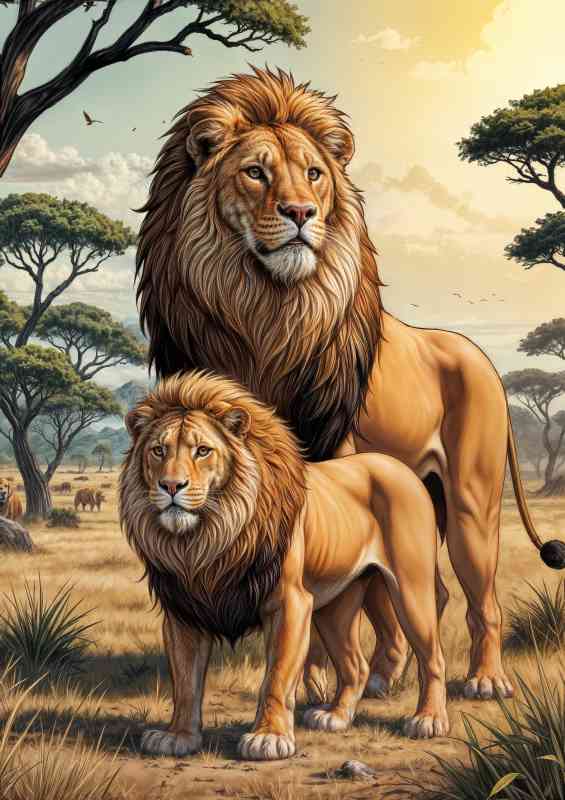 Large male lion with son in the savanna