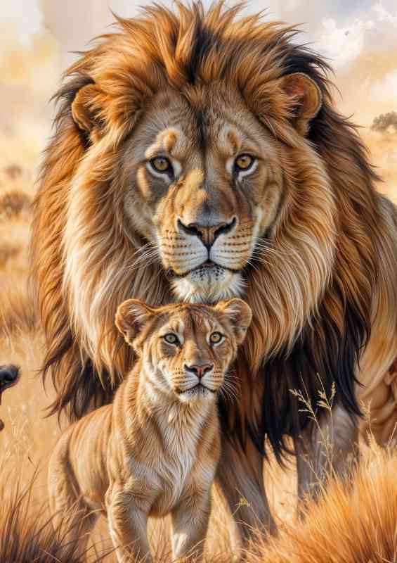 Lion with his large mane and his cub
