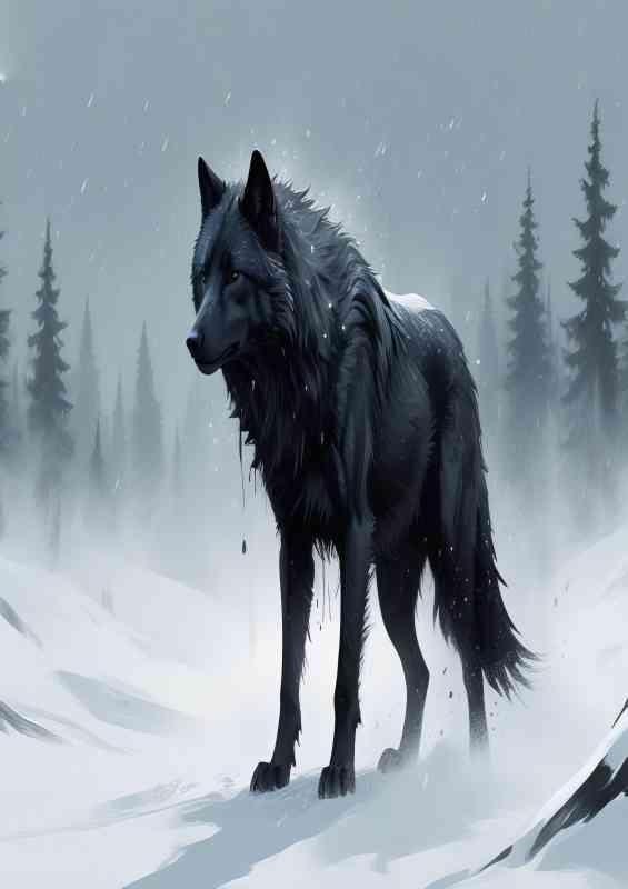 Lone black wolf in the snow