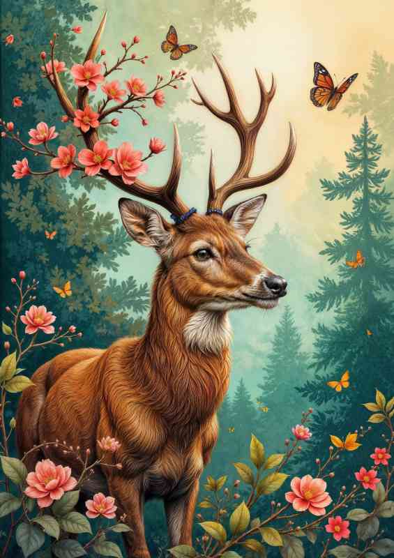 Lush countryside with the deer and butterflies