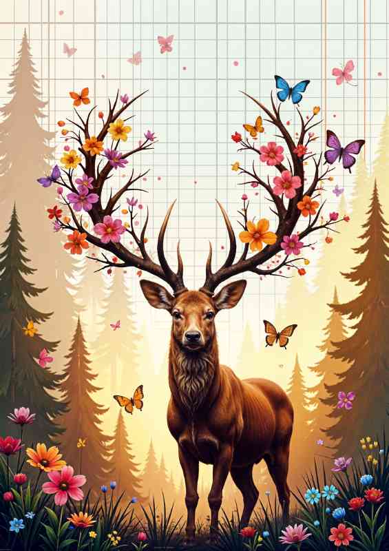 Magical deer with butterflies and rainbow flowers
