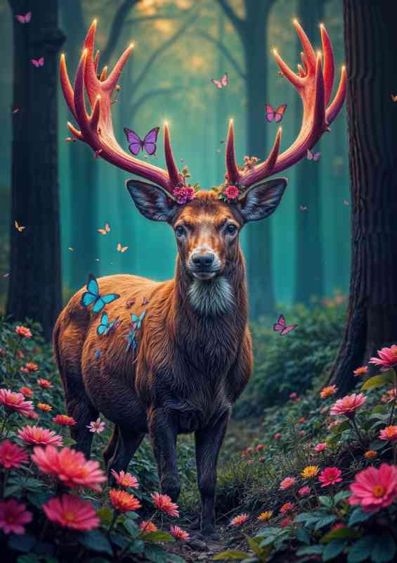 Magical stag with neon glowing antlers