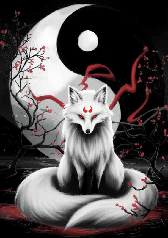 Mystical white fox with red markings on its forehead