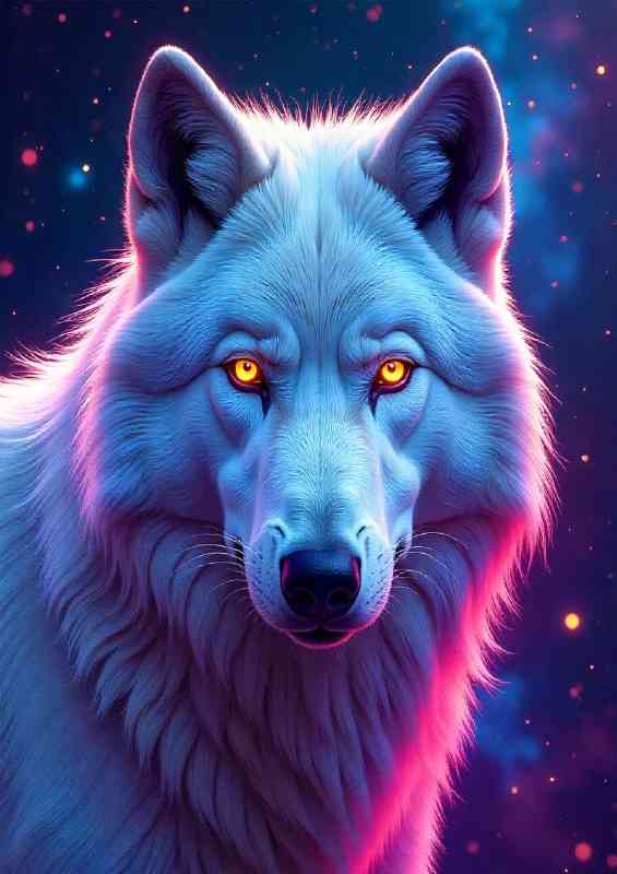 Neon white wolf with orange eyes