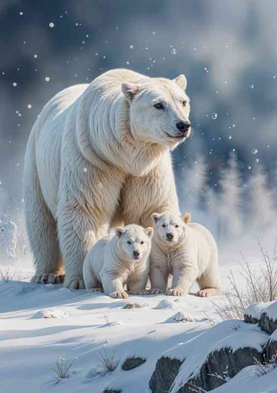 Polar bear with her two cubs in the snow