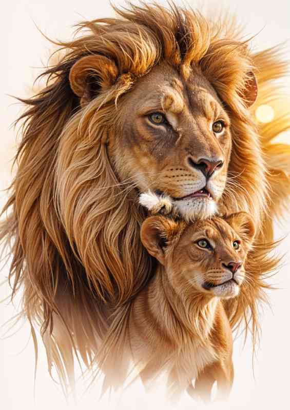 Proud male lion with his cub