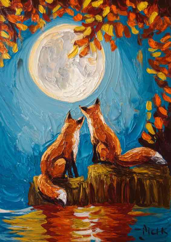 Scene of two foxes sitting on a rock