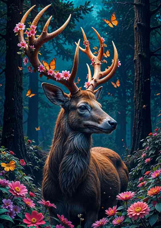 Stag in the forest with coloured flowers