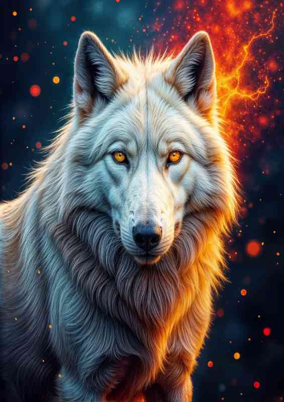 The white wolf and firey night sky