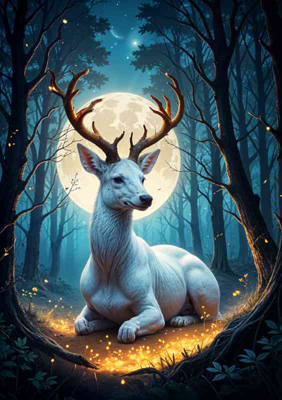 White deer with glowing antlers sitting in a magical forest