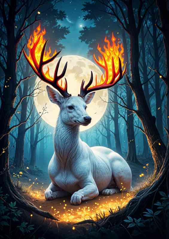 White deer with glowing fire antlers sitting in a magical forest