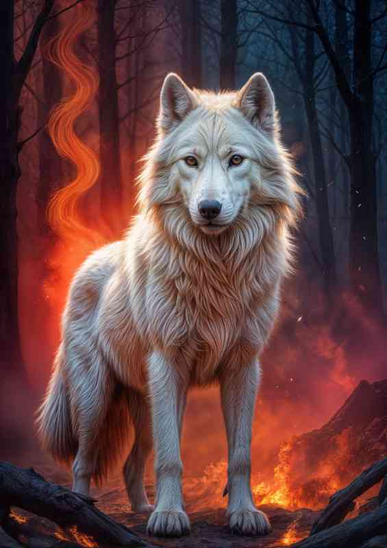 White wolf in the firey woods