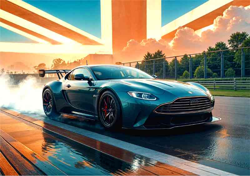 Aston martin green at the race track uk flag