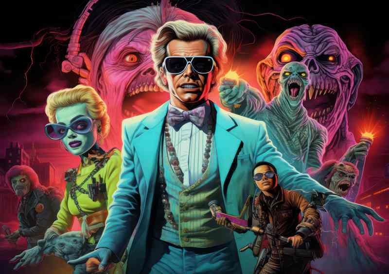 Horror poster with monsters in background
