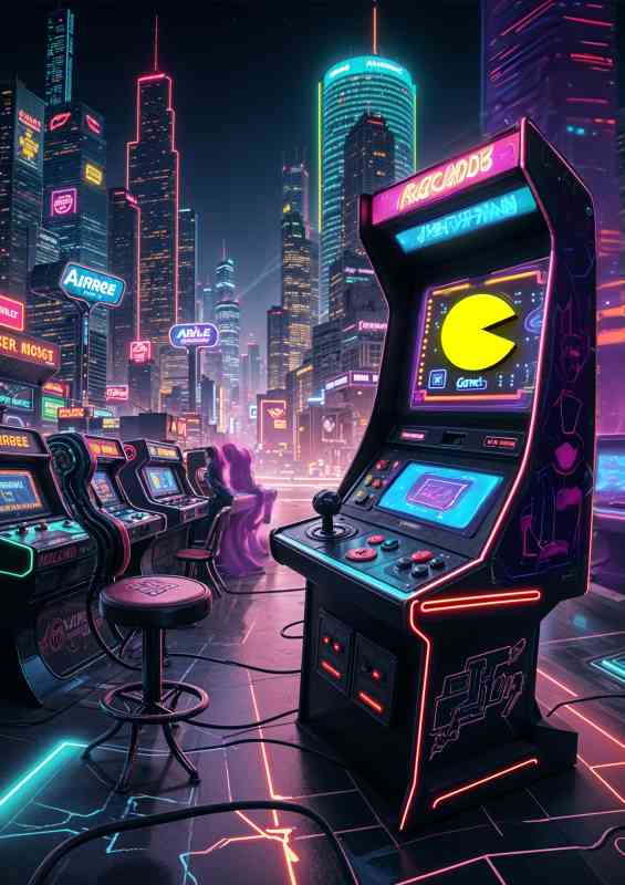 Gaming maching retro style in the neon city