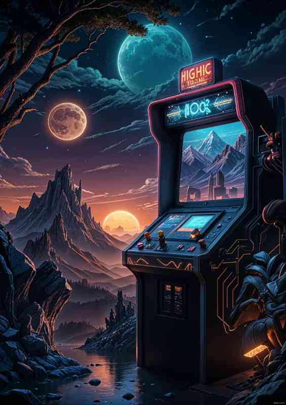 Retro arcade game machine mountains and a glowing moon