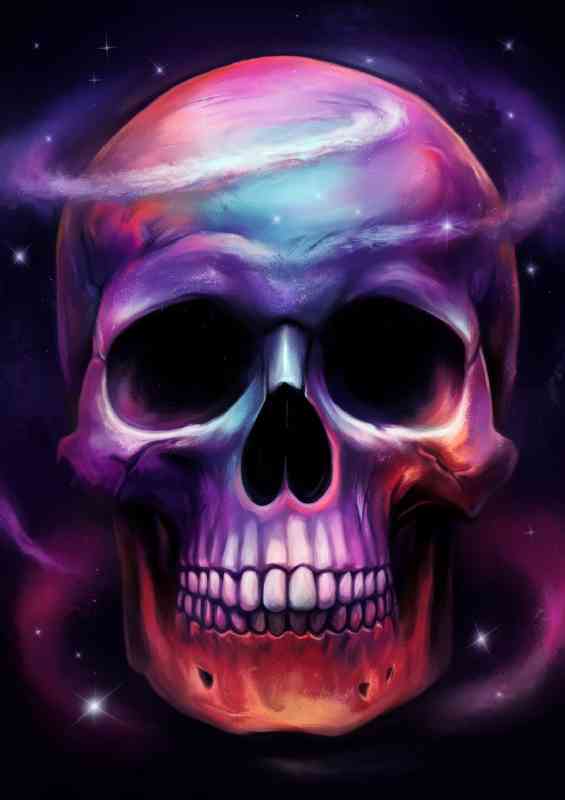Vividly colored skull set against a cosmic skies