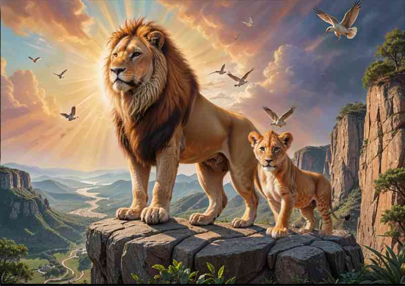 The lion king and his cub on the rocks