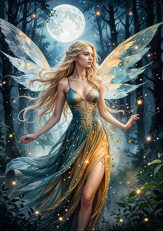 Beautiful fairy golden wings and full moon