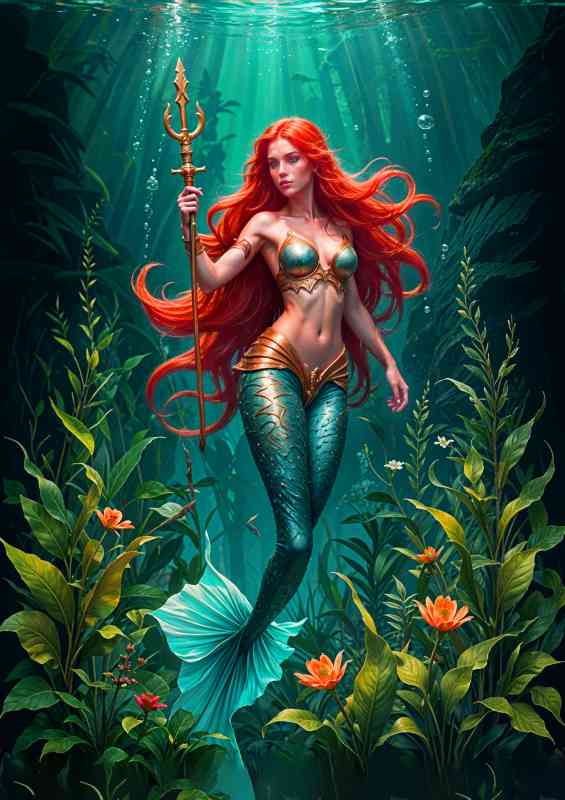 Beautiful mermaid warrior with long flowing red hair and a golden blue tail