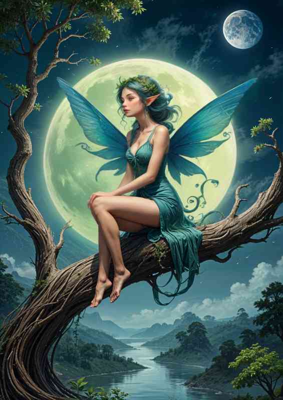 Fantasy fairy with a large moon on a oak tree