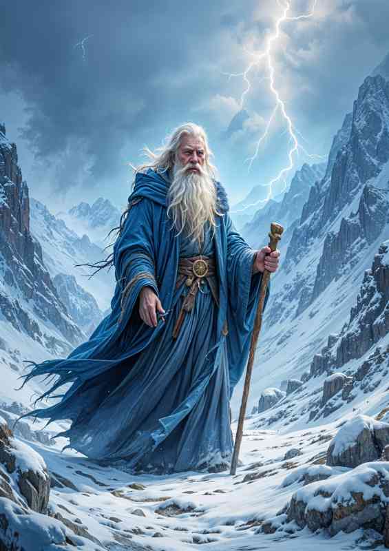 fantasy wizard with a long beard wearing a blue robe