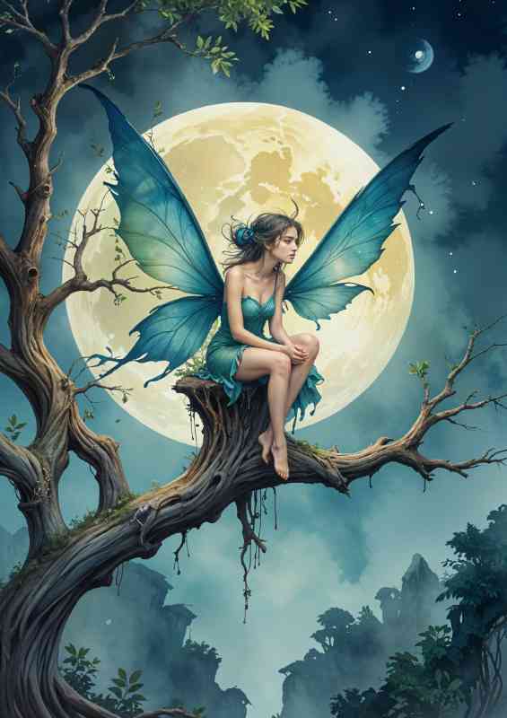 female fairy with blue and green wings sitting on a tree branch