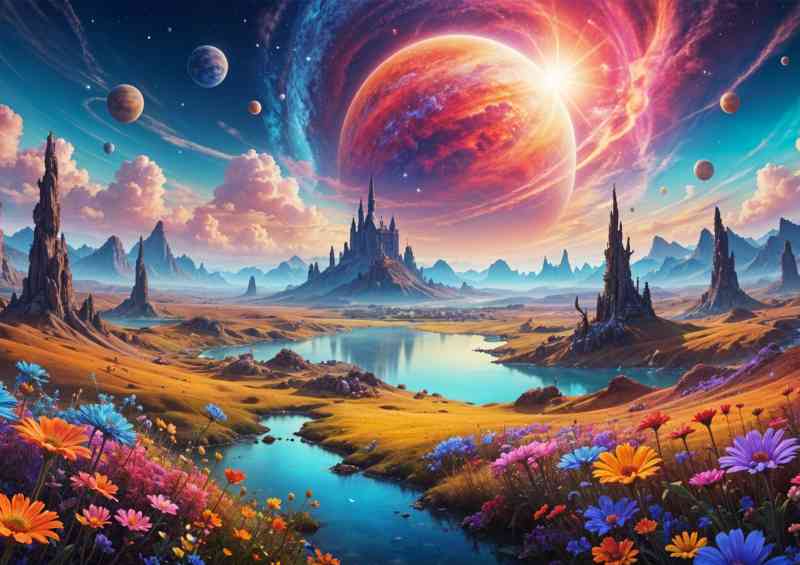 Celestral skies surreal planet fantasy landscape
