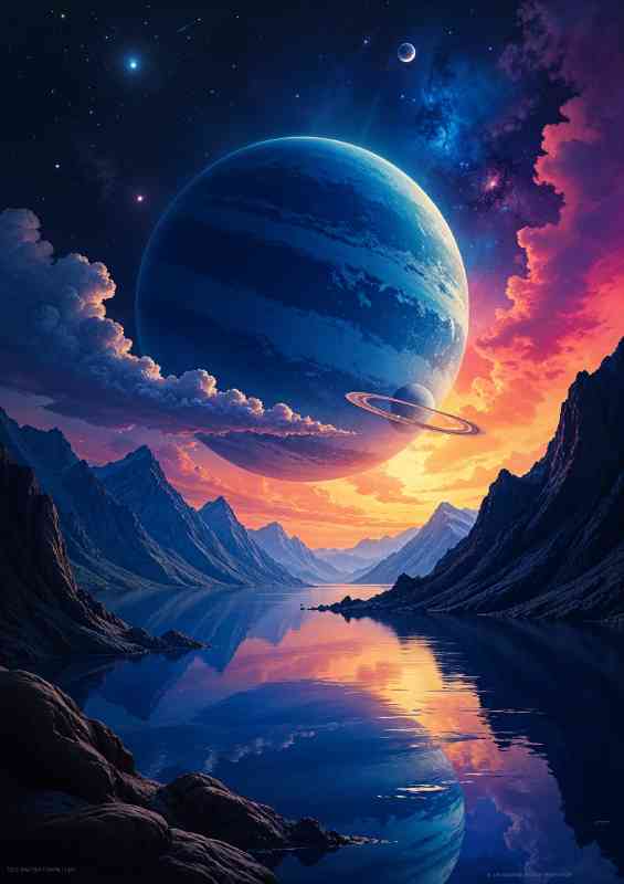 colorful fantasy landscape with a large planet or gas giant in the night sky