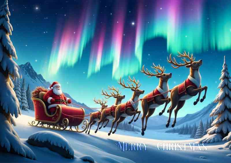 Reindeer pulling Santas sleigh through the night sky aura