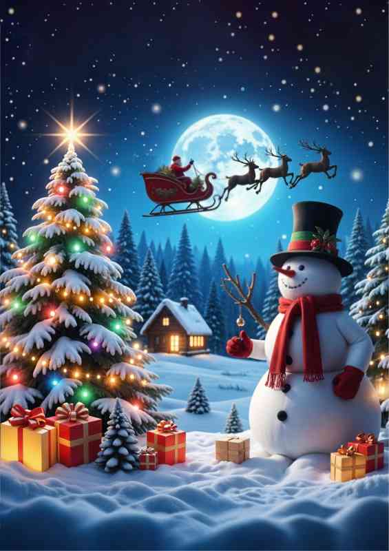 Santas sleigh and raindeers flying in the night sky