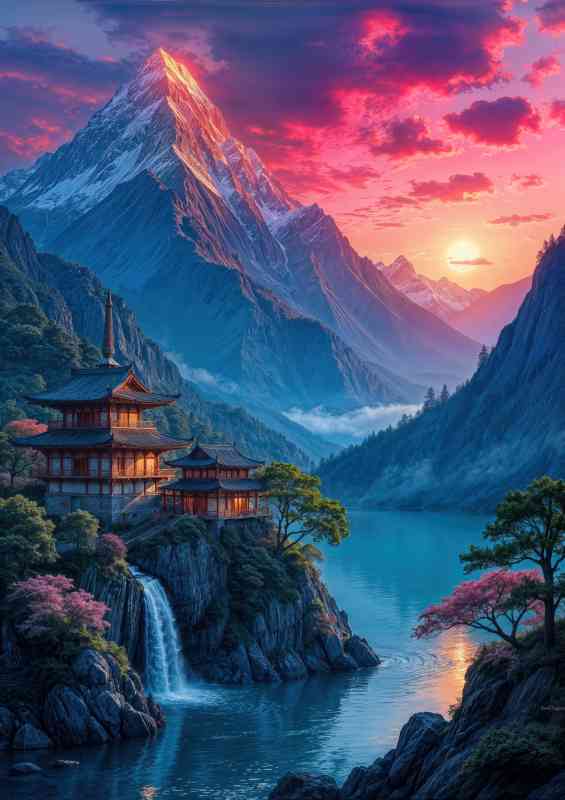 Majestic mountains waterfall and lake