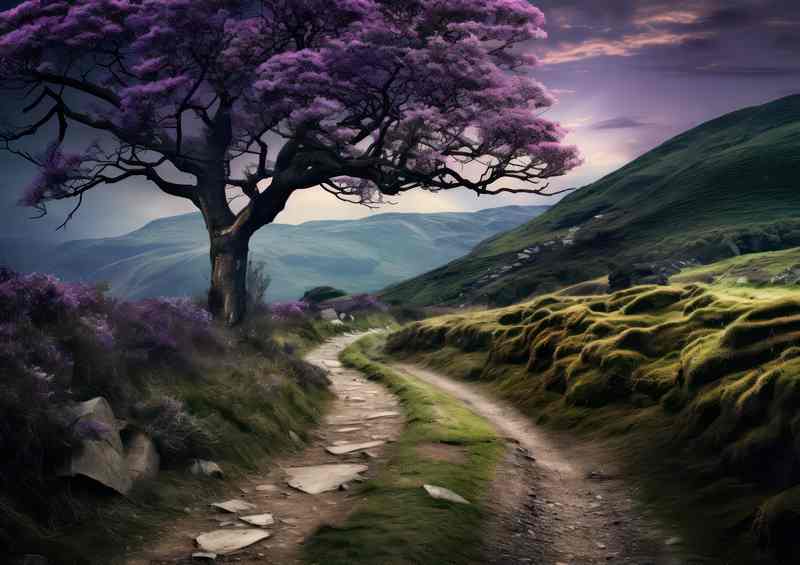 A Paath through the mountains with a purple tree