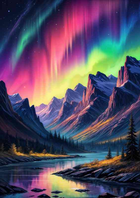 Colorful aurora borealis in the mountains with a flowing river