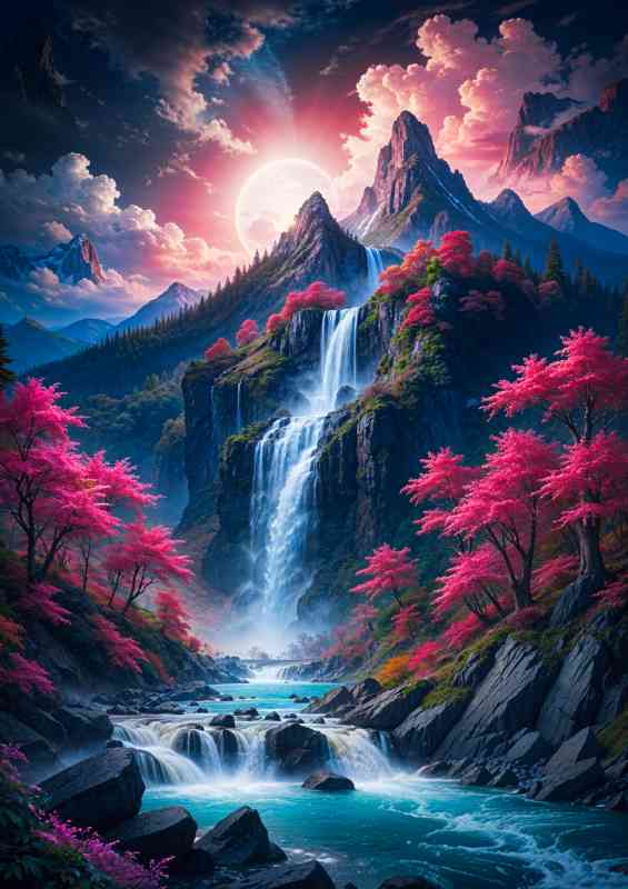 Mountain with a waterfall cascading down the hill with vibrant colours