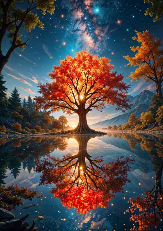 Large vibrant tree with waater reflections detailed