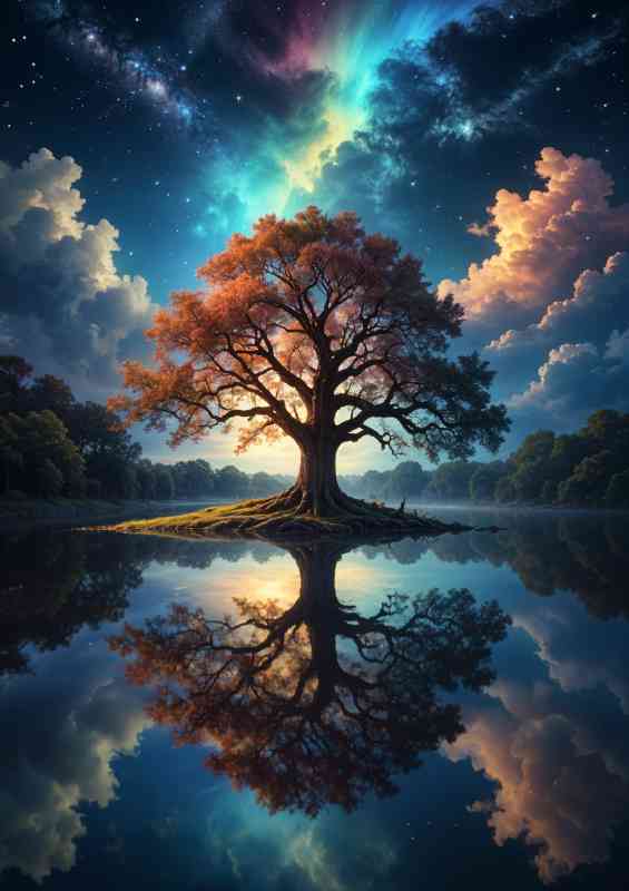 Majestic oak tree with a striking glowing multi colours reflection