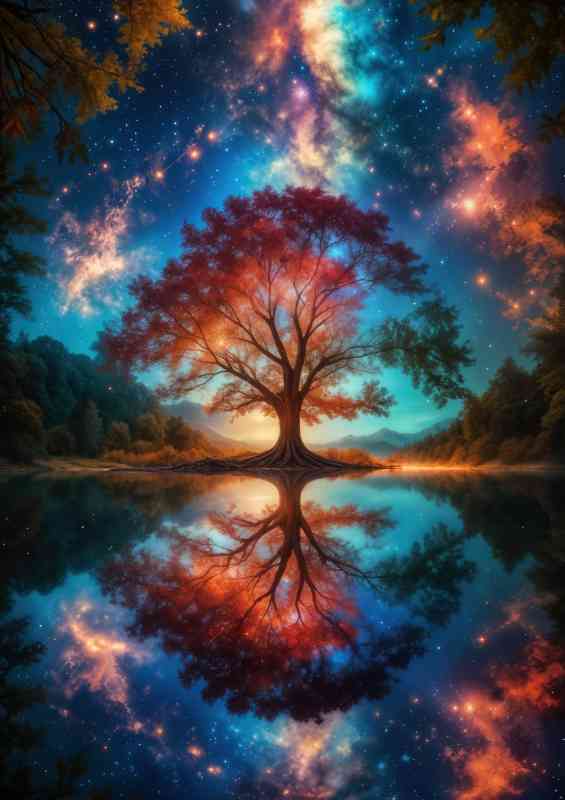 Surreal dreamlike oak tree in the lake with a night sky