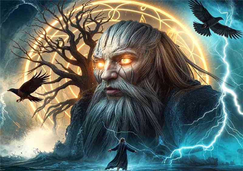 Odin with his ravens Huginn and Muninn