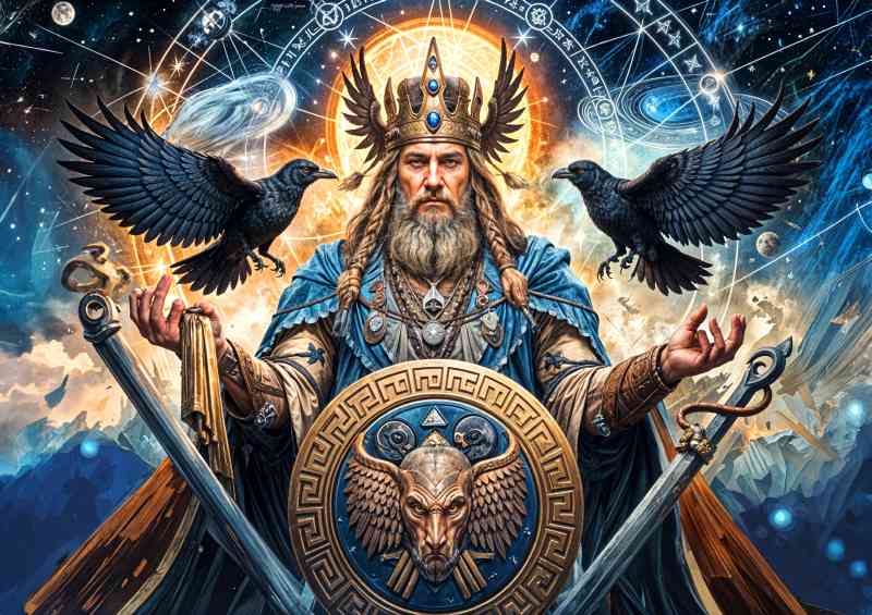Odin with ravens and the celestrial skies nores mythology